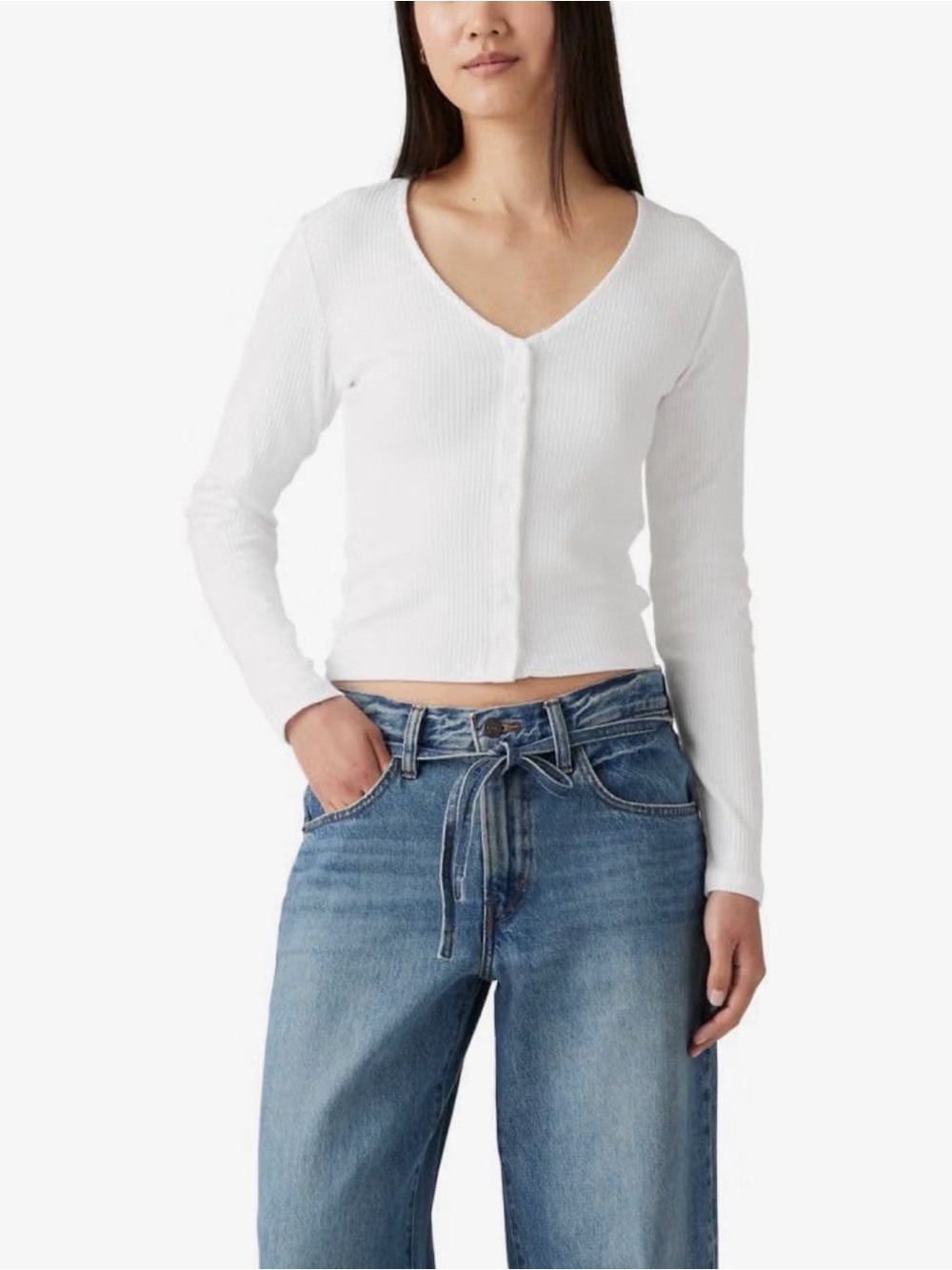 Levi's White Ribbed V-Neck Button-Front Long Sleeve Top